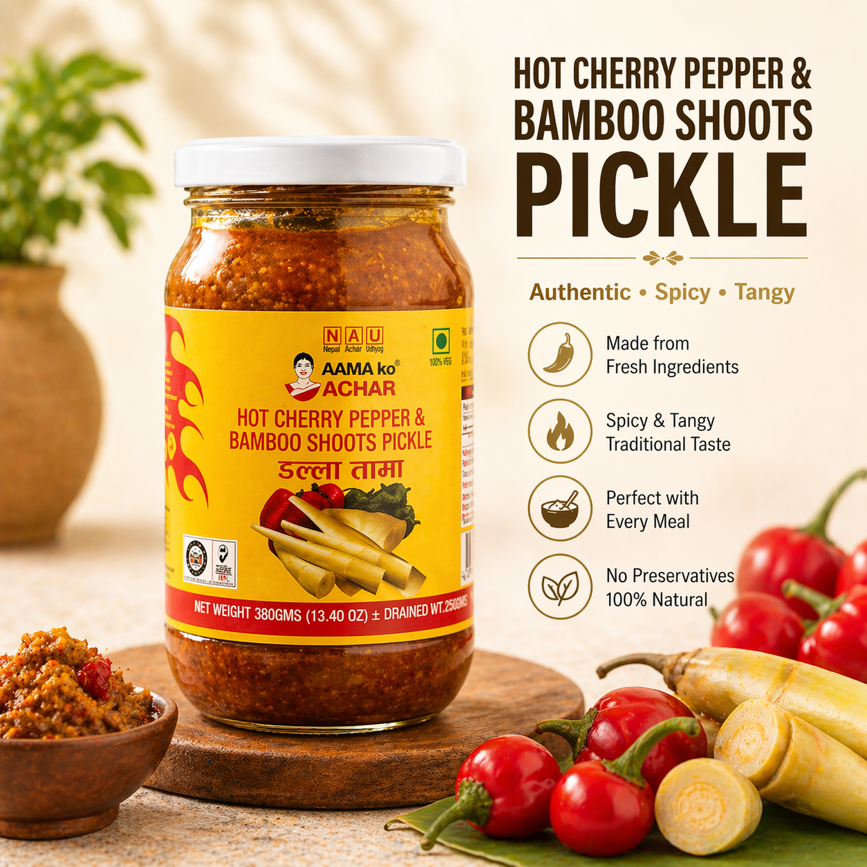 Aama ko aachar - (Dalla tama aachar) Hot cherry pepper & bamboo sprouts pickle 380g